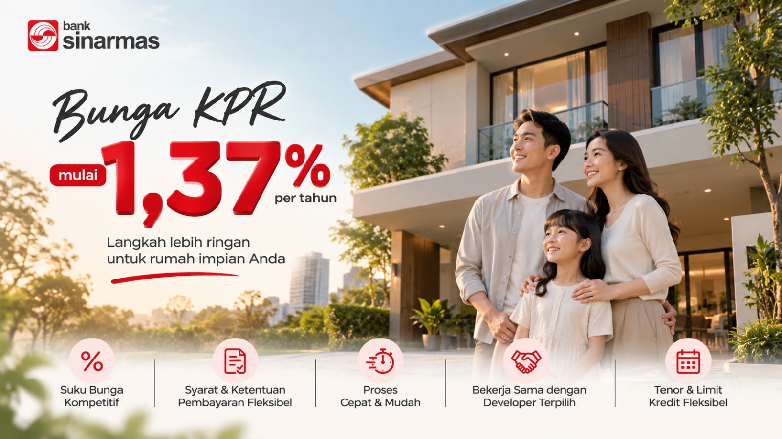 Ilustrasi rumah modern dengan informasi program KPR Bank Sinarmas berbunga mulai 1,37 persen.