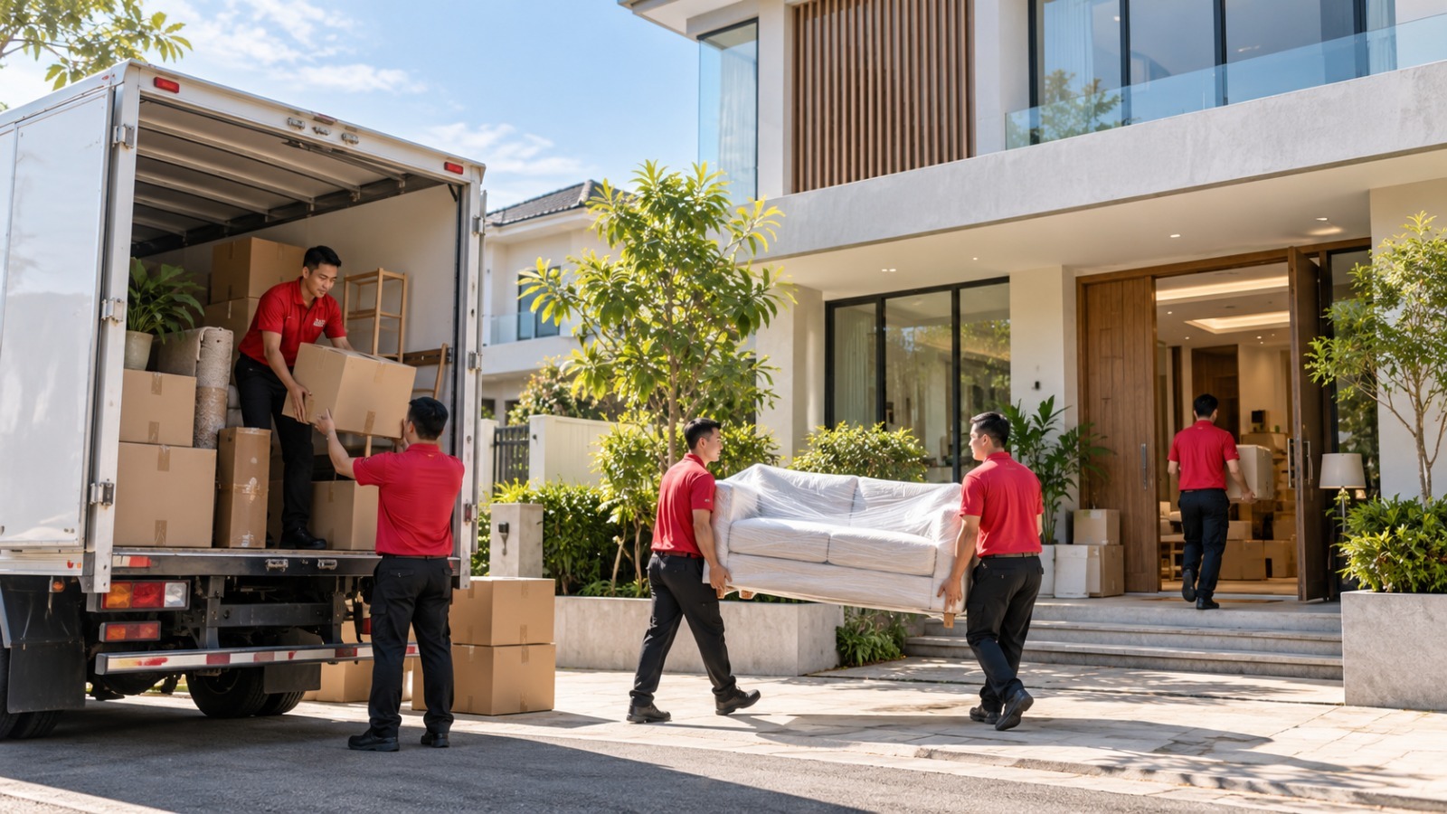 Tim movers profesional mengemas dan memindahkan furnitur keluarga ke rumah baru dengan perlindungan yang tepat